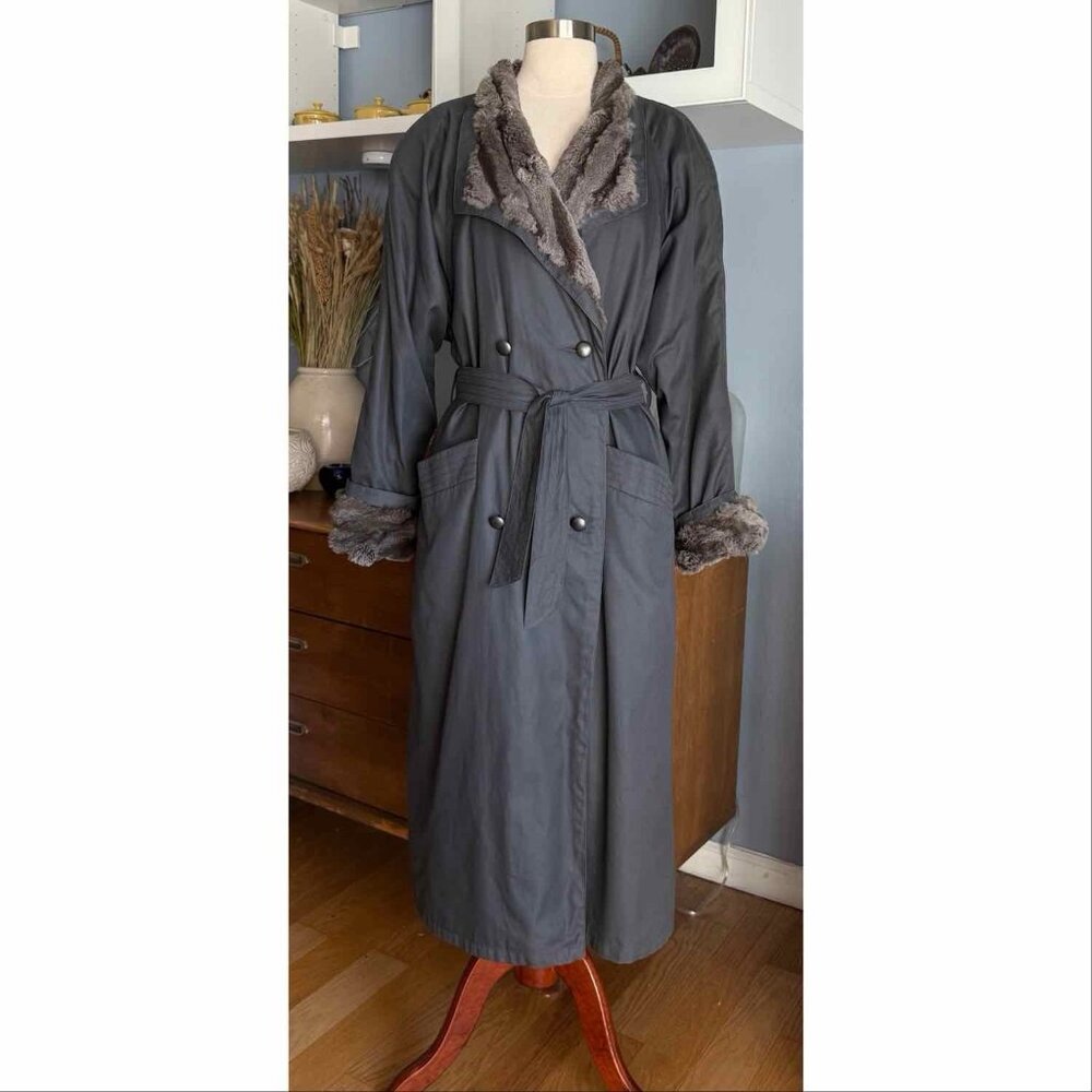 Vintage Louis Feraud Gray Cotton w/ Real Fur Trim Double Breasted Trench Coat 10